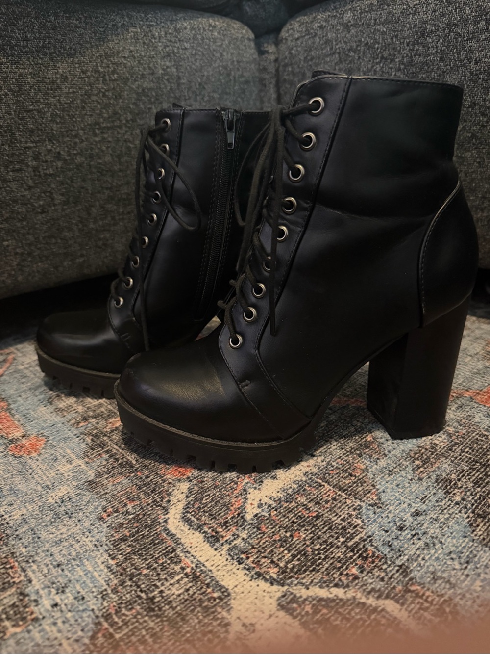 Soda Black Lace-Up Chunky Heel Ankle Boots